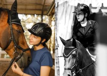 Potret Nabila Syakieb saat beraksi profesional sebagai atlet equestrian dalam disiplin show jumping di sebuah kejuaraan resmi