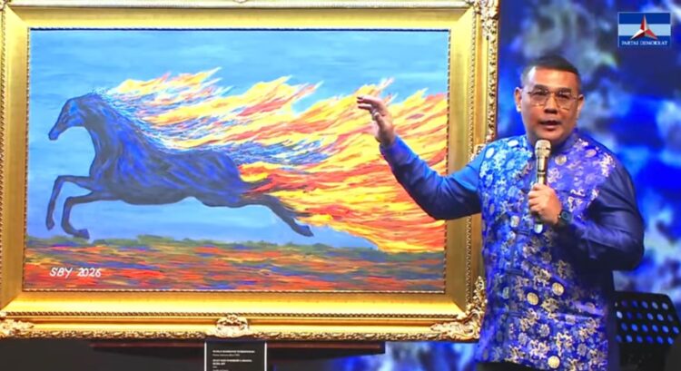 Momen Kepala Badan Pembinaan Organisasi, Kaderisasi, dan Keanggotaan (BPOKK) Demokrat Ossy Dermawan saat melelang lukisan karya Presiden ke-6 RI Susilo Bambang Yudhoyono (SBY), laku sebesar Rp 6,5 miliar oleh pengusaha Low Tuck Kwong. (Dok Youtube Demokrat).