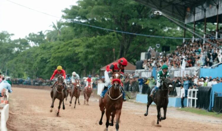 Ilustrasi--Penampakan beberapa peserta berkuda sedang bersaing sengit di arena pacuan. (Dok. Sarga.co)