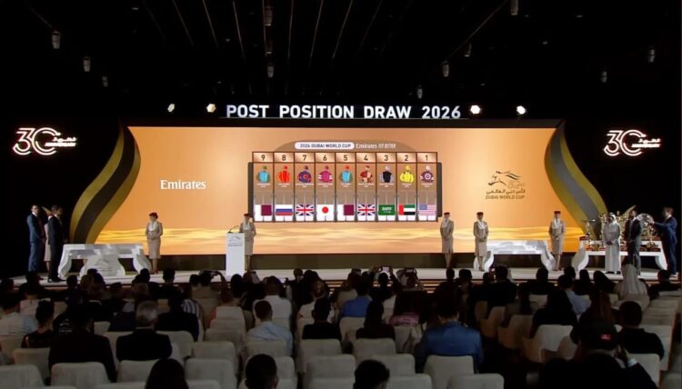 Penampakan hasil undian start para joki berkuda dari beberapa negara yang berlaga di ajang Dubai World Cup 2026. (tangkapan layar/Youtube)