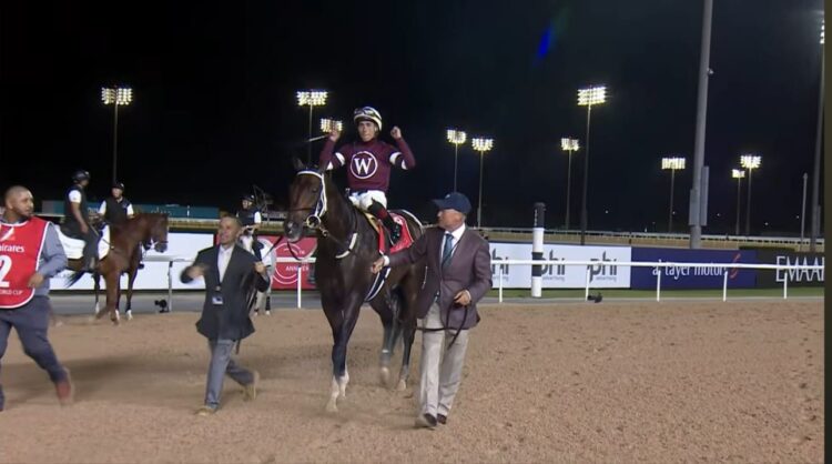 Kuda pacu asal Amerika Serikat, Magnitude, resmi menjuarai ajang Dubai World Cup 2026 yang digelar di Meydan Racecourse pada Sabtu (28/3).  (tangkapan layar/Youtube Balapan Dubai)