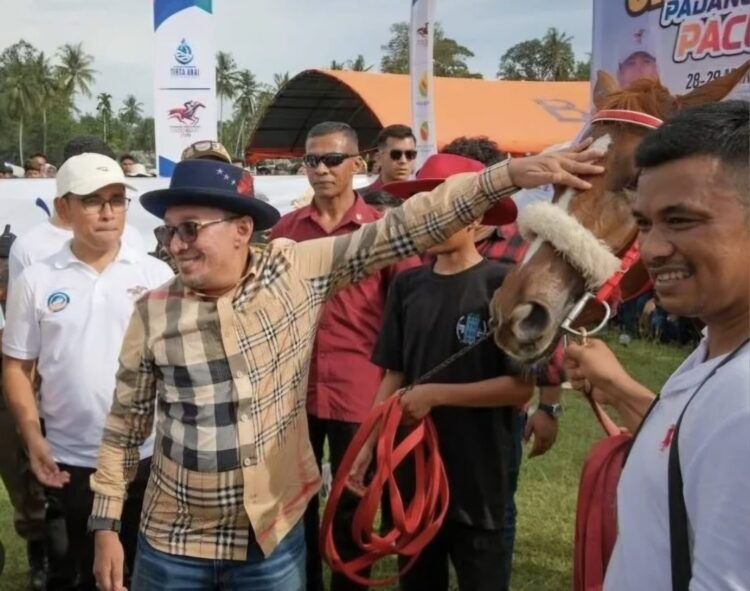 Queen Mentari, kuda andalan milik Bupati Tanah Datar, Eka Putra berhasil menyabet juara pertama di kelas divisi 2 jarak 1.000 meter pada ajang Pacu Kuda 2026 Padang Pariaman. (Dokumentasi Diskominfo Padang Pariaman)