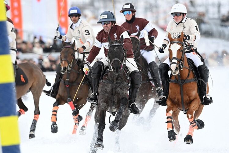 Sebuah momen luar biasa terekam ketika seekor kuda pacu berlari kencang membelah hamparan salju dalam ajang bergengsi Snow Polo World Cup St. Moritz. (tangkapan layar/Credit: Tony Ramirez/@imagesofpolo,@snowpolostmoritz)