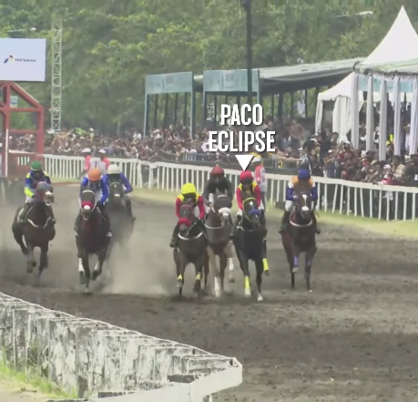 Kuda Paco Eclipse, yang dipacu oleh joki andalan Miekel Soleran, secara resmi dinyatakan sebagai pemenang setelah hasil balapan mengalami perubahan signifikan di meja Dewan Steward.  (tangkapan layar/Youtube IHR)